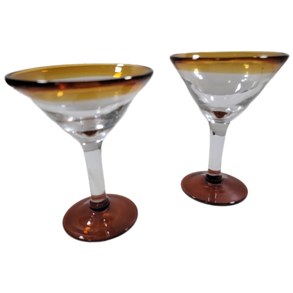 Set Of 2 Mexican Hand Blown Amber Clear Glass 6" tall Margherita Martini - Picture 1 of 7